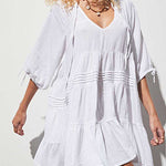 Nadorine Women's Cute Sweet Tie up V Neck Drawstring Short Sleeve Babydoll Dress Loose Tiered Ruffle Swing Tunic Mini Dress