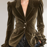 Solid Color Lapel Ruffled Single-breasted Velvet Blazer
