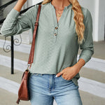 Solid Color V-Neck Buttoned Jacquard Loose-Fitting Long-Sleeved T-Shirt Top