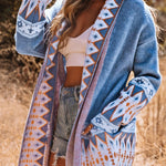 Vzyzv Women's Sweaters Blue Aztec Print Open Front Knitted Cardigan