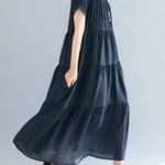 Vintage Loose Split-Joint Pleated Short Sleeves Round-Neck Midi Dress