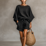 Women's Minimalist Linen Blend Lace Boat Neck Blouse And Shorts Set