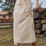 Nadorine Women's Casual High Waist Denim Midi Skirt Drawstring Adjustable Long Jeans Skirt with Pockets