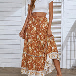Nadorine Women's Bohemian Floral Skirt Elastic High Waist A- Line Tiered Flowy Beach Maxi Skirt