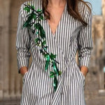 A-Line Loose Asymmetric Split-Joint Striped V-Neck Maxi Dresses Shirt Dress