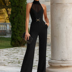 High-Neck Sheer Yoke Tailored Wide-Leg Jumpsuit