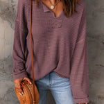 Dusk Blue Waffle Split V Neck Drop Shoulder Long Sleeve Top