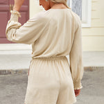 Long Sleeve Front Ties V Neck Shorts Jumpsuit