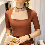 Simple Solid Color Square-Neck Half Sleeves Shirt