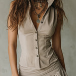 Vintage Stand-collar Blouse & Pleated Skirt Set With Lace Trim