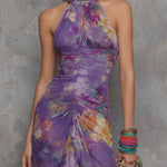 Boho-Elegant Floral Halter Chiffon Maxi Dress