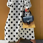 A-Line Long Sleeves Elasticity Polka-Dot Split-Joint Off-The-Shoulder Maxi Dresses