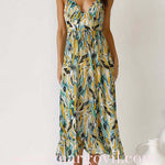 V Neck Tie Waist Abstract Print Midi Cami Dress