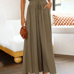 Wide Leg Flowy Pants Summer Boho Elastic Waist Drawstring Palazzo Trousers