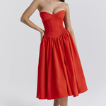Strapless Corset Pleated Hem Prom Party Midi Dresses-Red