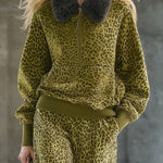 High-end Fashionable Leopard Print Velvet Faux Fur Collar Sweatshirt Wide-leg Pants Suit