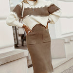 Nadorine Women's Casual Ribbed Two-piece Set, Color Block Knit Sweater & Solid Midi Sweater Skirts Outfits