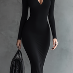 Women's Elegant Black Stretchy Knit Turtleneck Long-sleeved Bodycon Maxi Dress