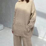 Nadorine Casual Street Loose Two-piece Sweatsuit Hooded Knitted Loose Top + Wide-leg Pants