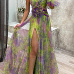 Picturesque Beauty Tulle Floral Pleated One Shoulder Sleeve Slit Maxi Dress
