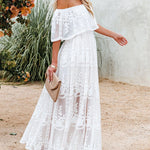 Off Shoulder Lace Maxi Dress Boho White Bridesmaid Wedding Evening Party Dresses