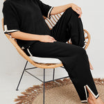 Nadorine Contrasting Color Slit Short-sleeved Sweater Wide-leg Trousers Two-piece Set