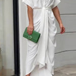 V-Neck Pleated Belt Short Sleeve Dress