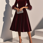 Dark Blue Feather-trimmed Velvet Round Neck Short-sleeved A-line Midi Dress