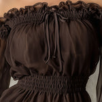 Fashionable Retro Ruffled Brown Off-shoulder Chiffon Blouse