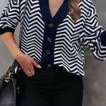 Long Sleeve V Neck Open Front Striped Knit Cardigan Sweaters