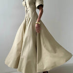 Short Sleeves Buttoned Solid Color Lapel Maxi Dresses Shirt Dress