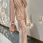 Edan Textured Knit Sequin Patchwork Drawstring Zipper Sweatshirt and Stretch Wide Leg Pants Set