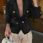 Casual Gold Tone Button Double Breasted Lapel Collar Tailored Denim Blazer