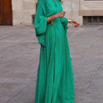 Raglan Sleeve Pleated Split-Joint V-Neck Maxi Dresses