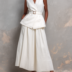 Women's Elegant White Cotton-linen Blend V-neck Sleeveless Top And Skirt Set