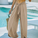 Nadorine Casual High Waisted Flowy Wide Leg Pants Bowtie Front Split Wrap Pants Trousers