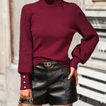 Solid Color High Neck Beaded Sleeves Sweater Versatile Knitwear