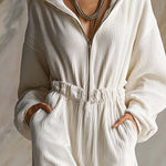 Casual Loose Fashionable White Corduroy Hooded Front Zipper Long Sleeve Jumpsuit