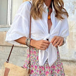 French Dreaming Linen Blend Front Tie Blouse