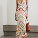 Herringbone Crocheted Print Spaghetti Strap V-neck Camisole Maxi Dress