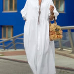 Half Sleeves Loose Buttoned Pleated Solid Color Tied Waist Stand Collar Maxi Dresses