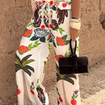High Waisted Loose Drawstring Elasticity Printed Split-Joint Pants Trousers