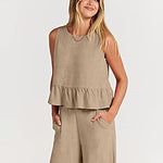 Nadorine 2 Piece Outfits Sleeveless Ruffle Tank Crop Top and Wide Leg Pants Lounge Set with Pockets