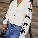 Fashionable V-neck Long-sleeved Bow-knotted Knitted Cardigan