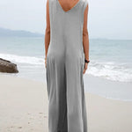 Wide Leg Jumpsuit Sleeveless V-Neck Casual Loose Jumpsuit Comfy Baggy Tank Romper with Pockets