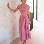 Stand Collar Solid Color Hollow Waist Long Dress