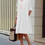 Simple Long Sleeves Solid Color Lapel Midi Dress
