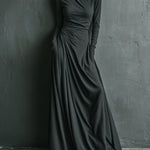 Women's Charcoal Elegant Stretch Polyester-Cotton Blend Turtleneck Draped Maxi Dress