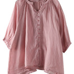 Black&Pink High-Low Half Sleeve Ramie Cotton Loose Shirt