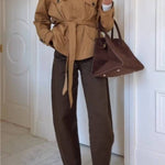 Camel tie waist short trench coat
